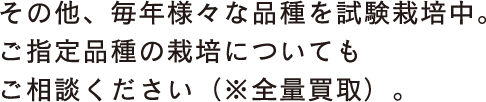 その他、毎年様々な品種を試験栽培中。ご指定品種の栽培についてもご相談ください(※全量買取)。